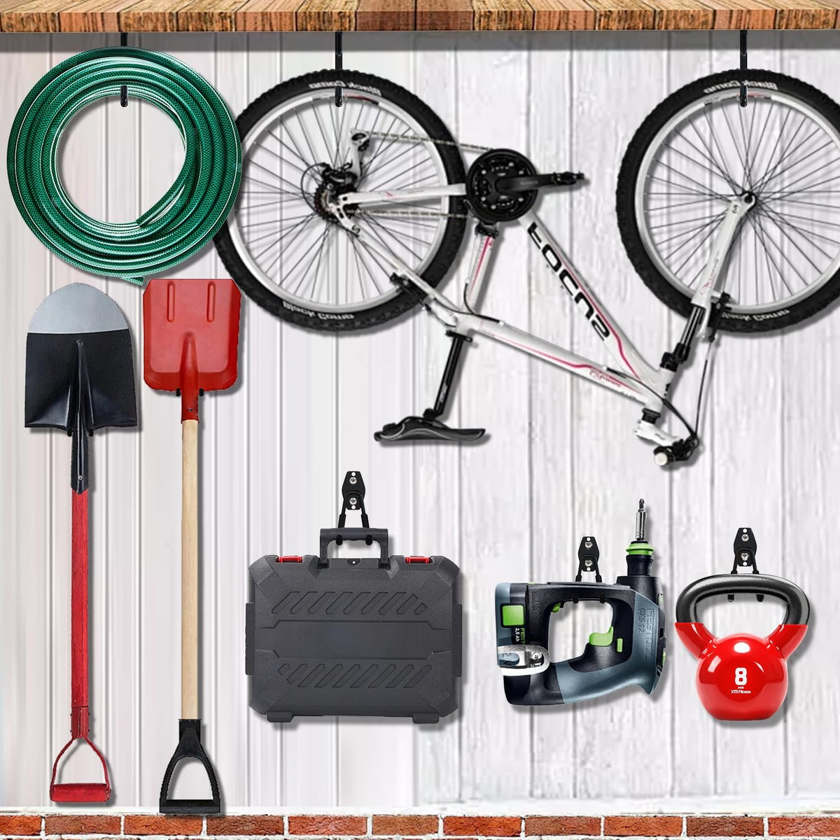 3-H Weed Eater Hanger 2 Pack,2 Garden Hose Holder,2 Screw in Hooks,Utility Weedeater Rack,Tool Hangers for Organizing and Hanging Weed Wacker,Leaf Blower,String Trimmer in Garden