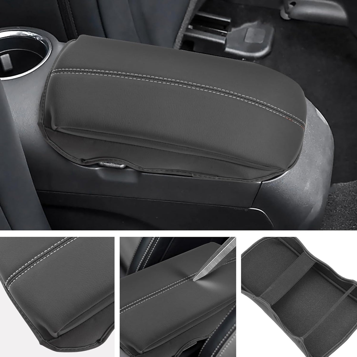 SXCY for 2024 2025 Mustang Armrest Cover (Thickened) for Mustang 2025 Accessories 2024 2025 Mustang Center Console Cover 2025 Mustang Middle Console Cover (Grey Stitched)