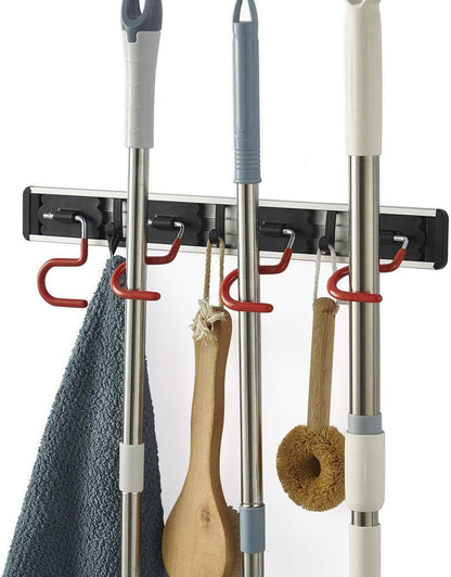 QBOSO Wall Mounted Mop and Broom Holder Stainless Steel S Type Broom Rack Anti-Slip Mop Organizer (17 Inches,4 Positions 3 Hooks, Red black)
