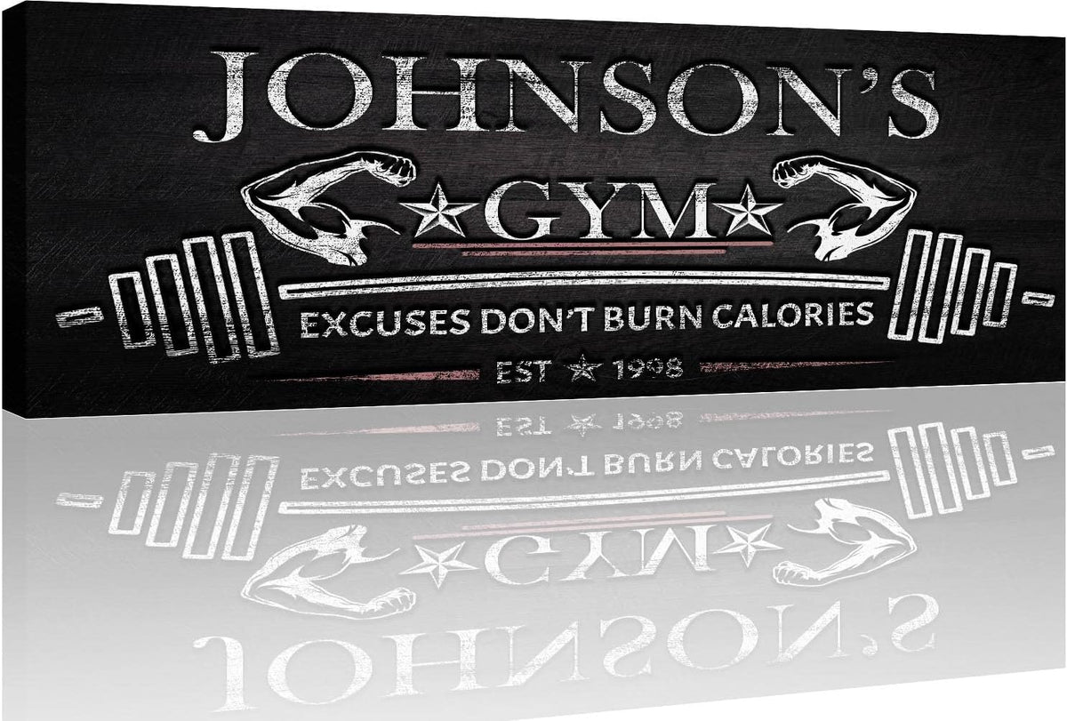 Tailored Canvases Personalized Gym Sign Wall Art Decor - Motivational Canvas for Home Gym, Workout Room, Garage, Fitness Center - Workout Inspirational Posters - Excuses Don't Burn Calories Dark, 36x12in