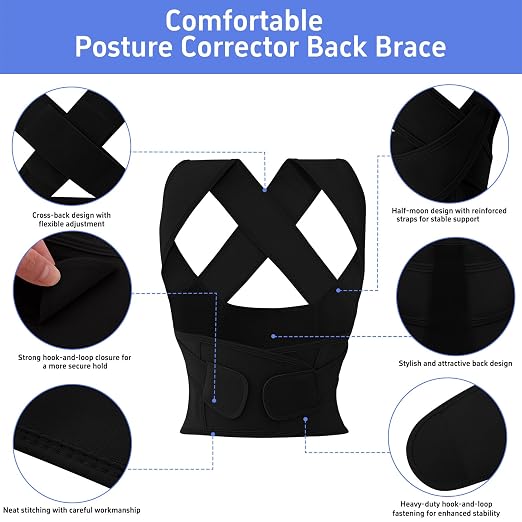 Posture Corrector for Women and Men Plus Size Full Back Support Brace Straightener Scoliosis Spine Upper Back Pain Relief Adjustable Shoulder Instant Posture Corrector with Hunchback (Black, Large)