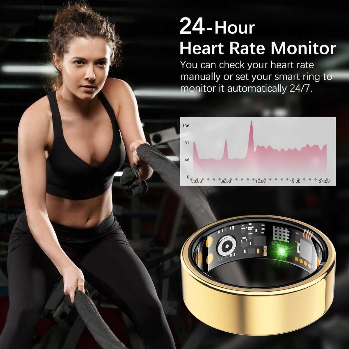 Ring Health Tracker for Women Men, Fit Ring with Heart Rate, Blood Oxygen, Sleep Monitor, Calories, Step Counter, IP68 Waterproof Smart Ring for iPhone & Android, No Subscription Fee (Gold, 8#)