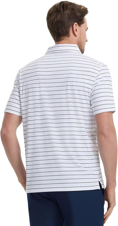 M MAELREG Mens Striped Golf Shirts Short Sleeve Silk-Like Touch Water-Resistant Breathable Soft Collared Polo Shirts for Men
