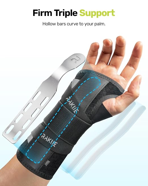Rakiie Upgraded Carpal Tunnel Wrist Brace, Night Sleeping Support for Arthritis, Sprain & Tendonitis Pain Relief, Flexible 3-Bar Support, Breathable Hand Splint for Typing, Work & Housework, Fit for Men & Women (Gray, Small, Left Hand)