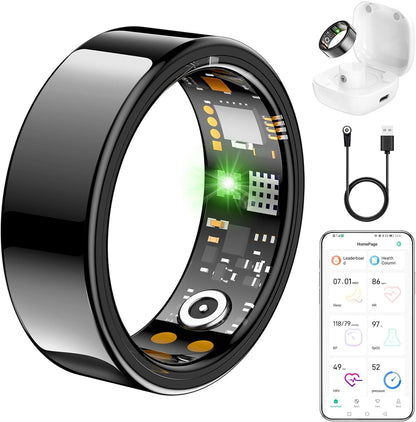 Ring Health Tracker for Women Men, Fit Ring with Heart Rate, Blood Oxygen, Sleep Monitor, Calories, Step Counter, IP68 Waterproof Smart Ring for iPhone & Android, No Subscription Fee (Black, 7#)
