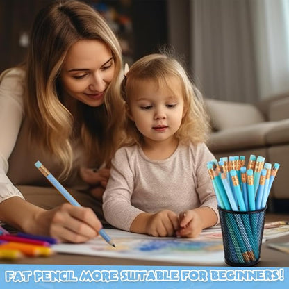 Fainne 48 Pcs Large Pencils 3 Sharpeners,Turquoise Blue Series,Triangle