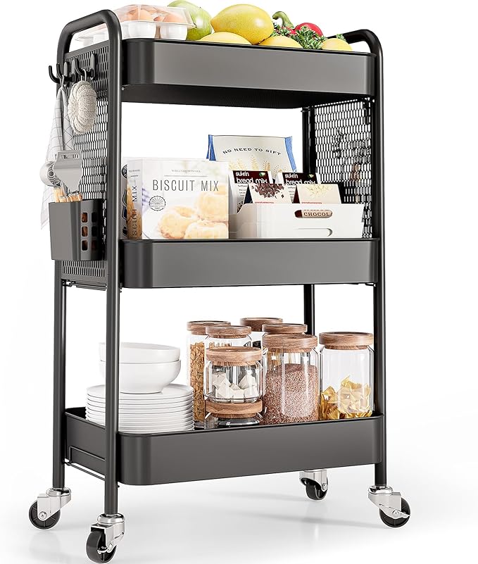 TOOLF 3 Tier Rolling Cart Storage Organizer, Metal Rolling Utility Car with Wheels, Hooks & Bins Esthetician Art Sturdy Storage with Pegboard for Bathroom, Kitchen, Office, Nursery Diaper