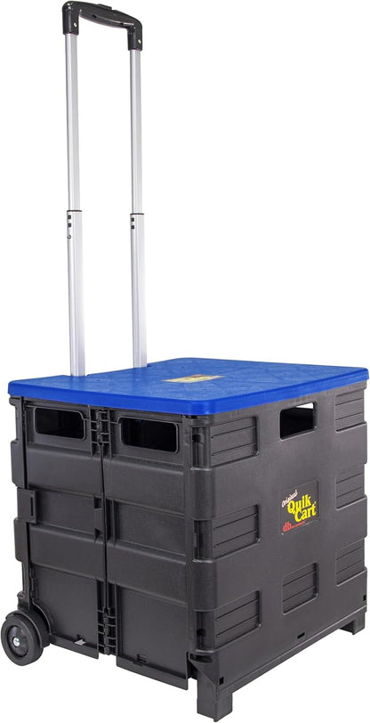 dbest products Quik Cart Collapsible Rolling Crate on Wheels for Teachers Tote Basket, 80 lbs Capacity, Blue Lid Made from Heavy Duty Plastic and used as a Seat
