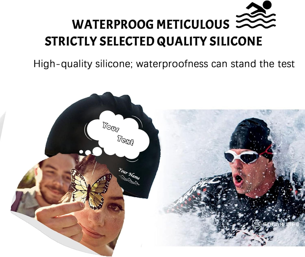 Custom Swim Cap with Photo Personalized Silicone Swim Cap for Men and Women Swimming Customized Swimmers Cap for Short and Medium Length Hair