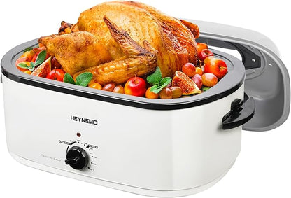 24QT Electric Roaster Oven, Electric Turkey Roaster with Viewing & Self-basting Lid, Stainless Steel Turkey Roaster Oven, White