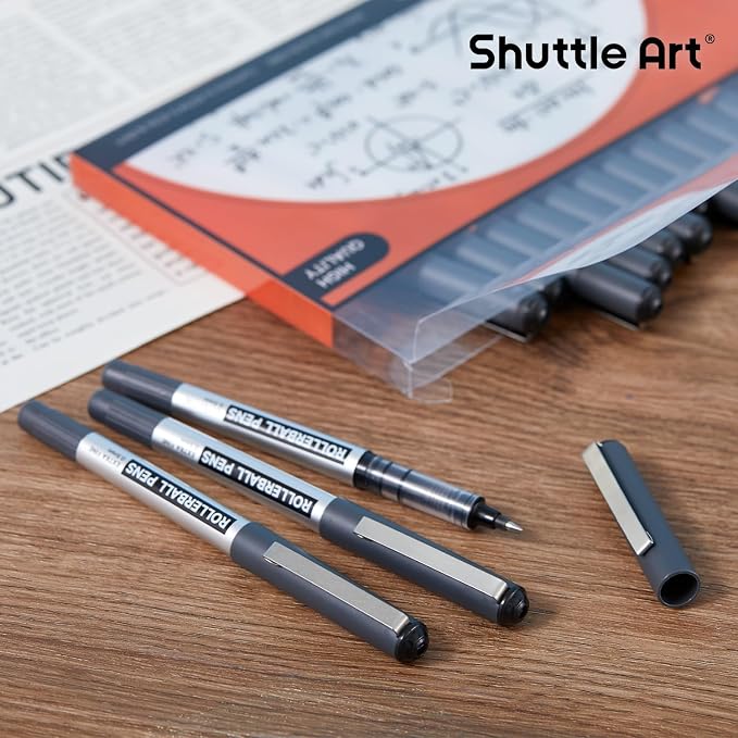 Shuttle Art RollerBall Pens, 25 Pack Black Fine Point Roller Ball Pens, 0.5mm Liquid Ink Pens for Writing Journaling Taking Notes School Office