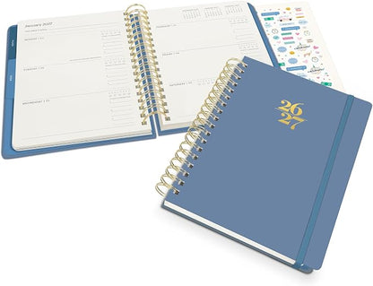 Orange Circle Studio 2027 Planner, Blue Gray Tri-Tab Weekly & Monthly Planner, 9.6" x 7", Spiral Bound Organizer with Note Pages, Pocket Dividers & Elastic Closure Design for Home Office Planning Uses