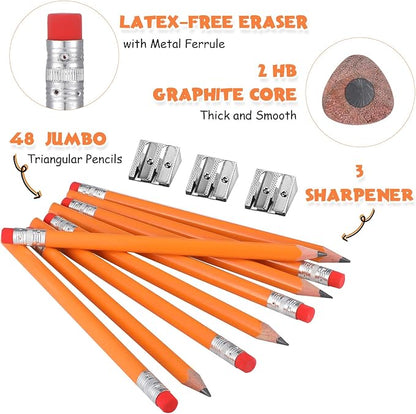 Fainne 48 Pcs Large Pencils 3 Sharpeners,Orange+silver,Triangle