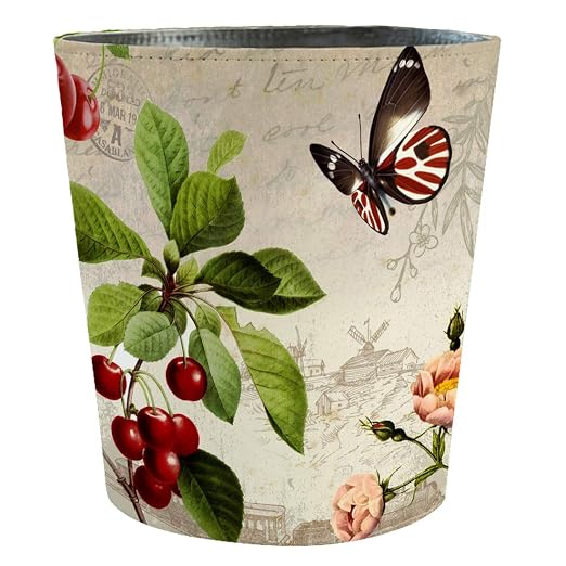 10L/2.64 Gallon Trash Can, Decorative Waste Basket, PU Leather Waste Paper Basket, Waterproof Garbage Can for Bathroom, Bedroom, Office, Kitchen and Living Room - Butterfly Four-Leaf Flower