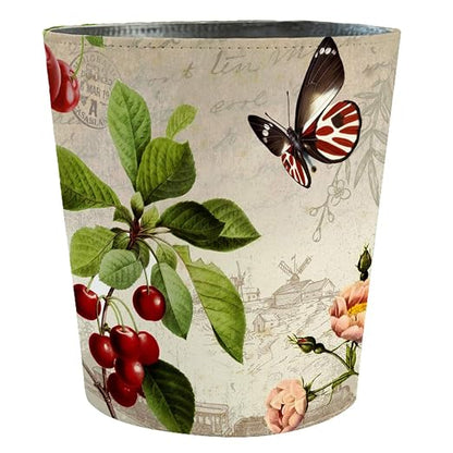 10L/2.64 Gallon Trash Can, Decorative Waste Basket, PU Leather Waste Paper Basket, Waterproof Garbage Can for Bathroom, Bedroom, Office, Kitchen and Living Room - Butterfly Four-Leaf Flower