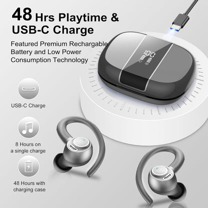 Wireless Earbuds Bluetooth 5.3 Headphones Sports, 48Hrs Playtime Bluetooth Earbuds with CVC 8.0 Mic, Stereo Bass Over Ear Bud with Earhooks, LED Display, IP7 Waterproof Earphon for Running Gray