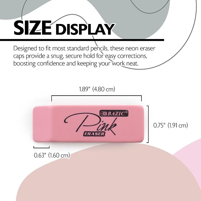 BAZIC Products Pink Bevel Block Erasers, Latex-Free, PVC-Free, 12 Count