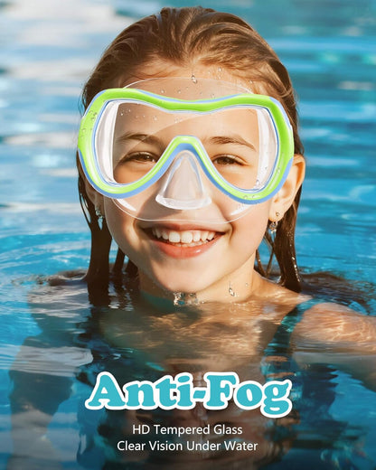 Aegend Kids Swim Mask Goggles, Tempered Glass 180° HD Wide View with Nose Cover
