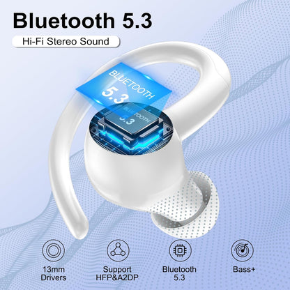 Wireless Earbuds Bluetooth 5.3 Headphones Sports, 48Hrs Playtime Bluetooth Earbuds with CVC 8.0 Mic, 2025 Stereo Bass Over Ear Bud with Earhooks, LED Display, IP7 Waterproof Earphon for Running White