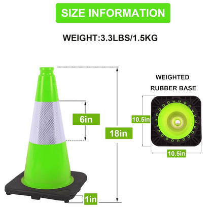 OrangeStar 6-Pack 18" Traffic Cones with Weighted Rubber Base, 6" Reflective Collar, Green Safety Cones for Parking Lot, Road Construction, Warehouse, Highway, Weatherproof PVC