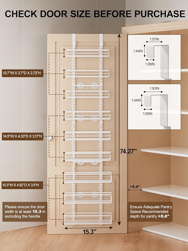 Delamu 9 Tier Over The Door Pantry Organizer, Pantry Organization and Storage, Hanging Spice Rack for Pantry Door Organizer, Metal Pantry Door Shelves for Kitchen Bathroom Laundry Room,15.3" White