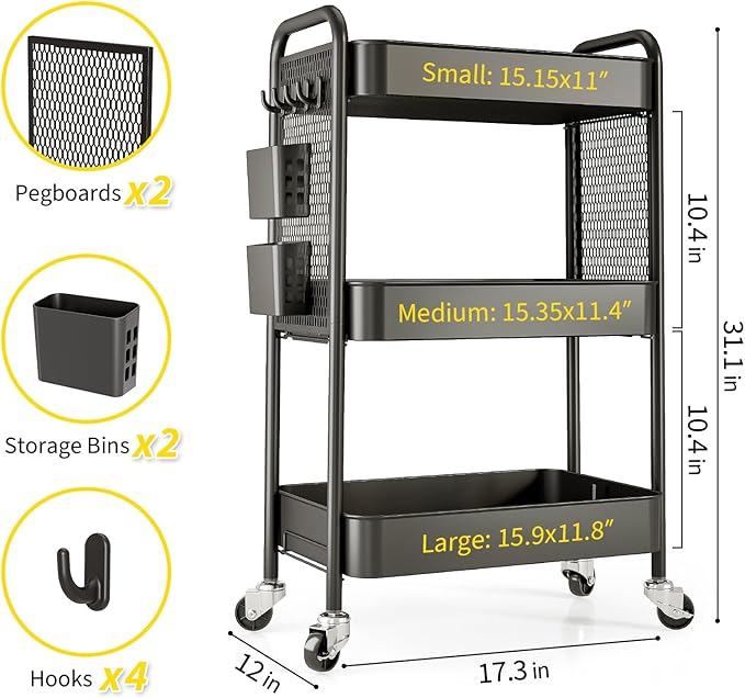 TOOLF 3 Tier Rolling Cart Storage Organizer, Metal Rolling Utility Car with Wheels, Hooks & Bins Esthetician Art Sturdy Storage with Pegboard for Bathroom, Kitchen, Office, Nursery Diaper