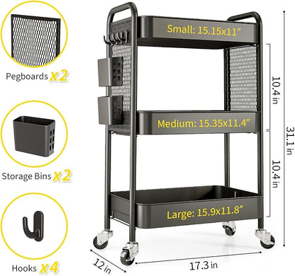 TOOLF 3 Tier Rolling Cart Storage Organizer, Metal Rolling Utility Car with Wheels, Hooks & Bins Esthetician Art Sturdy Storage with Pegboard for Bathroom, Kitchen, Office, Nursery Diaper
