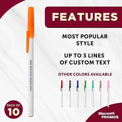 DISCOUNT PROMOS Custom Value Stick Pens Set of 10, Personalized Bulk Pack - Black Ink, Great for Office, School, Business, Tradeshows, Events - Orange