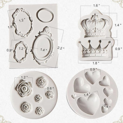 JOERSH 4PCS Vintage Baroque Mold Set, Silicone Frame Fondant Molds Royal Crown Rose Heart Mold for Cupcake Decorating, Cake Pop, Chocolate, Candy Craft, Dessert Decor