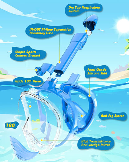 QingSong Kids Snorkel Mask Full Face, Snorkeling Set with Camera Mount, Foldable 180 Degree Panoramic View Snorkeling Gear Anti-Fog Anti-Leak