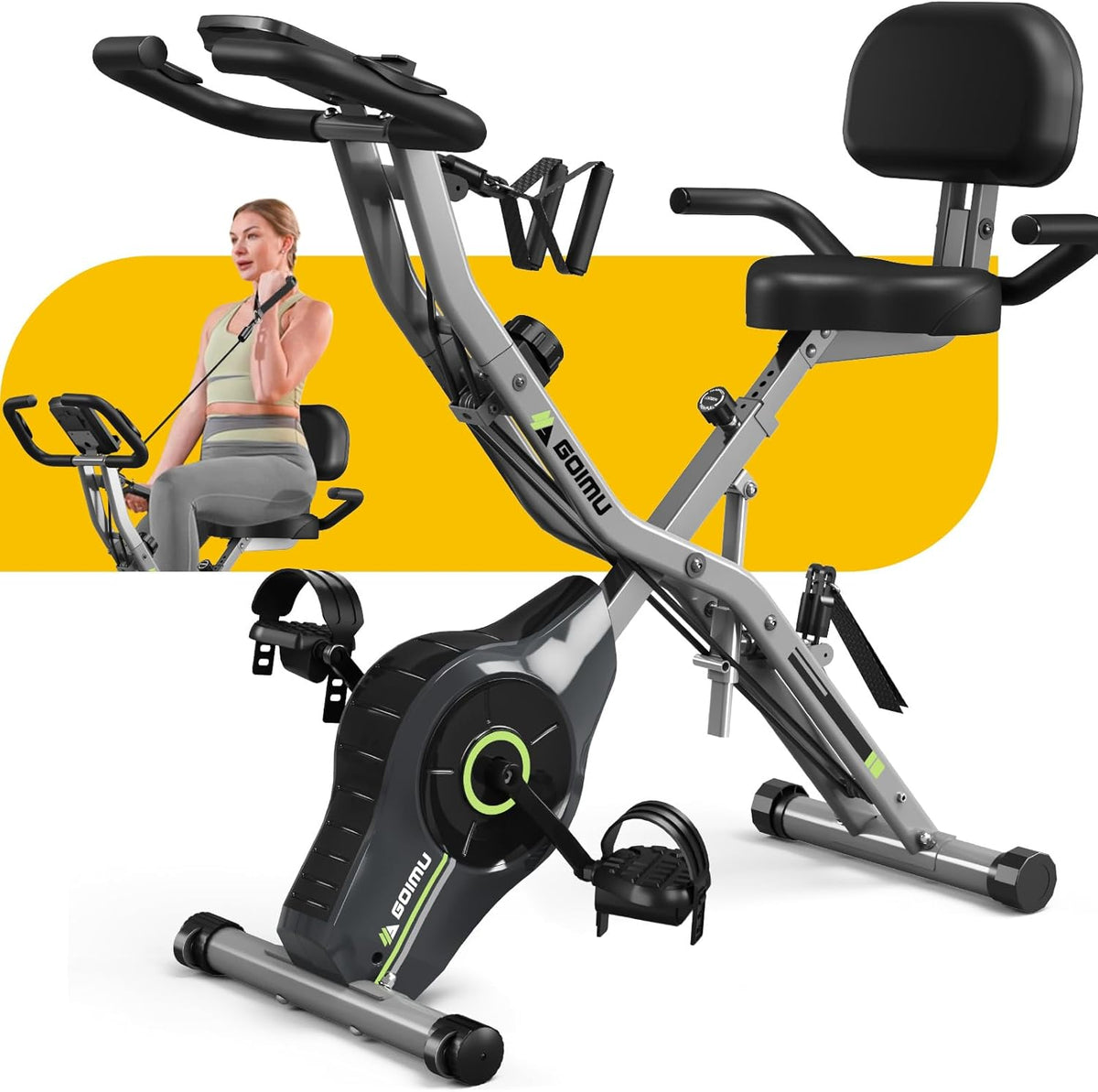 Exercise Bike, 5 in 1 Foldable Stationary Bike for Seniors, 16-Level Adjustable Magentic Resistance, Indoor Recumbent Bike with 330LB Capacity, Comfortable Seat Backrest