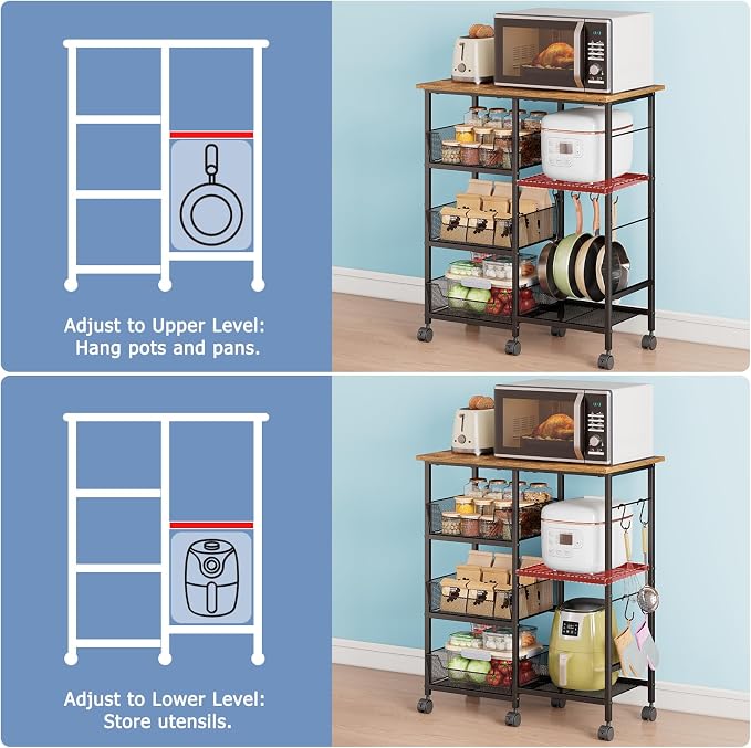 Rolling Kitchen Storage Microwave Cart, Kitchen Island with Adjustable Shelf on Lockable Wheels, Countertop 27.75"L × 15.35"W, Bakers Rack with Tilt-Out Baskets, for Kitchen, Coffee Bar, Living room