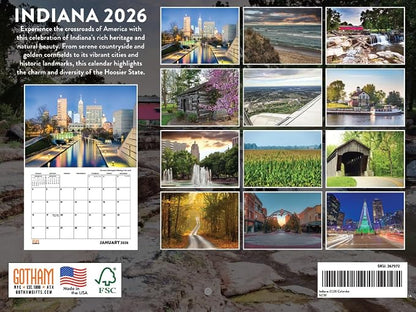 Indiana Calendar 2026 Wall 12 Month Monthly IN Scenic Souvenirs Hoosier Themed Gifts | American Made In The USA