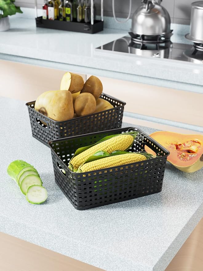 WYT Woven Storage Organizer Basket, 6-Pack Black Plastic Weave Baskets, 10.1 x 7.55 x 4.1