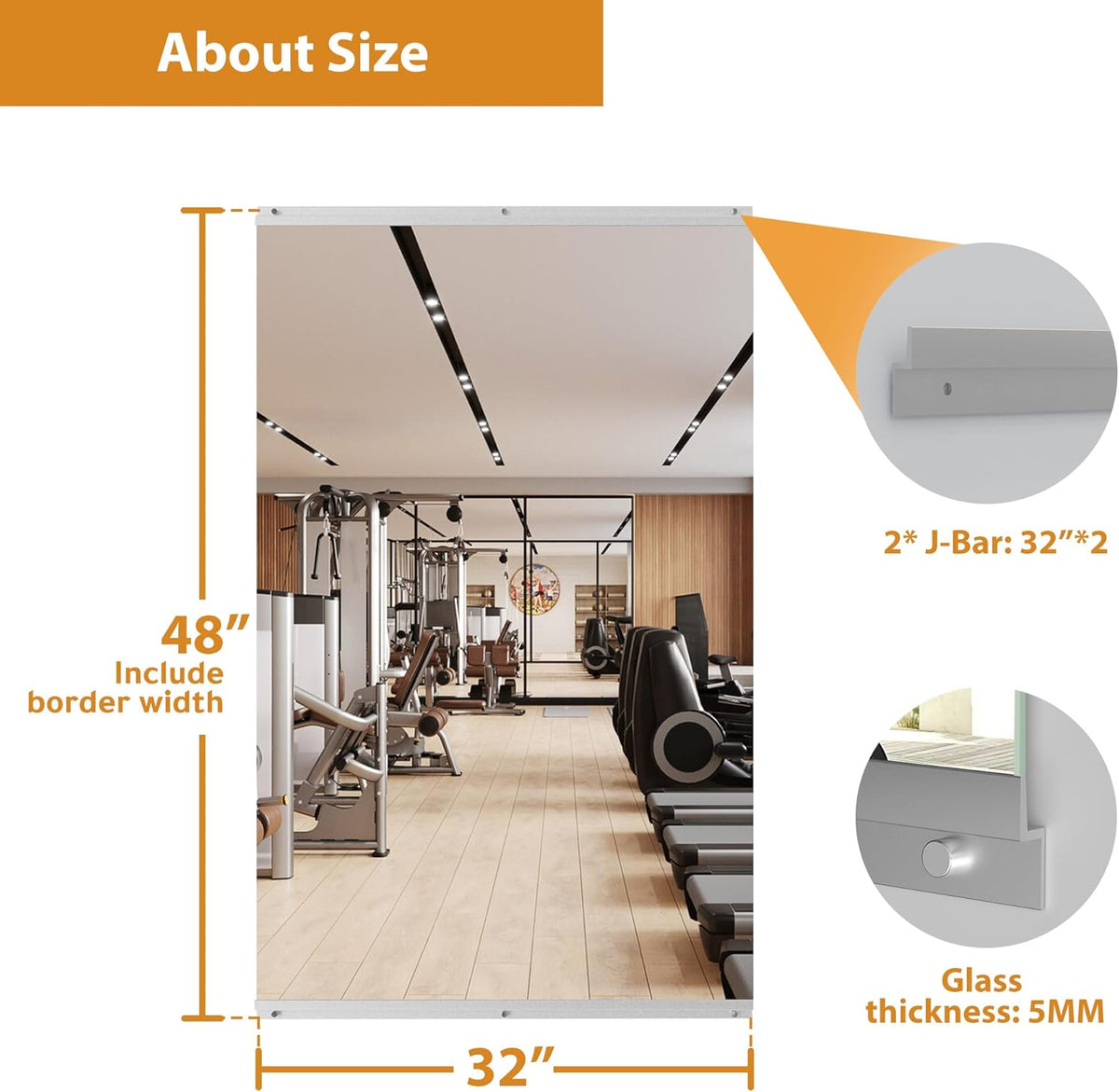 ROOMTEC Workout Mirrors for Home Gym 48"x32", Large Wall Mirror Full Length for Fitness, Yoga, Big Wall Mounted Frameless Glass Mirror for Garage, Dance Studio, Bedroom