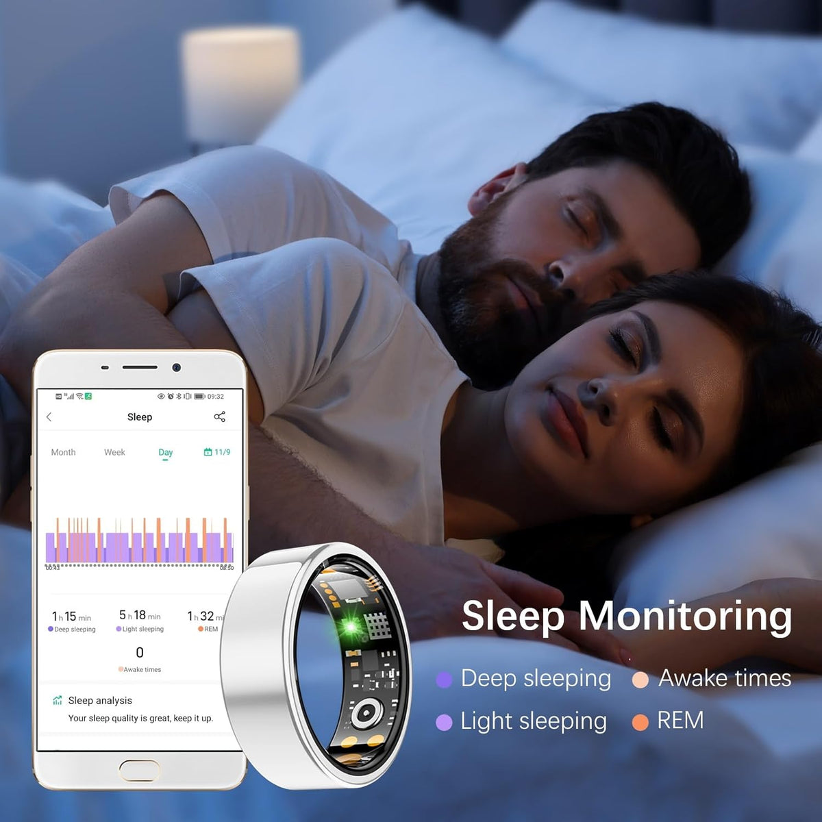 Health Tracker Ring, Smart Health Ring for Women Men with Heart Rate, Blood Oxygen, Sleep Monitor, Steps,Calories, No Subscription Fee, IP68 Waterproof Smart Ring for iPhone & Android (Silver, 7#)