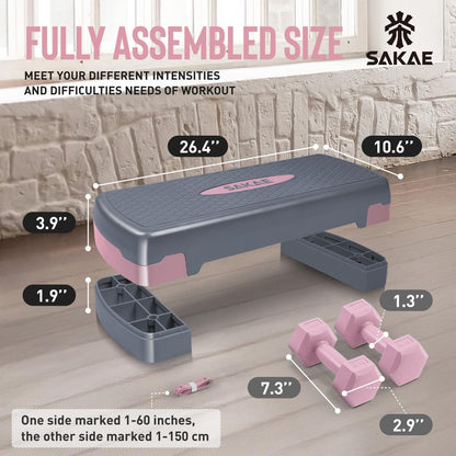 Adjustable Height Aerobic Stepper Set, Multiple Bundle Options with Dumbbells, Kettlebell, Waist Trimmer, Ankle Weights or Weighted Vest, Workout Exercise Step Platform w/Level Risers, 4 Colors