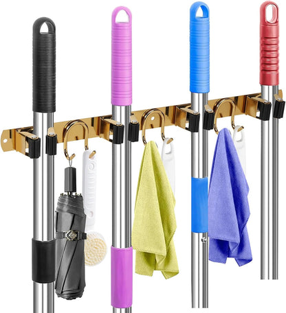 Mop Broom Holder Wall Mount, Gold Stainless Steel Tool Storage Organizer for Kitchen Garden Garage Laundry Room Bathroom and RV with 4 Slots 6 Hooks