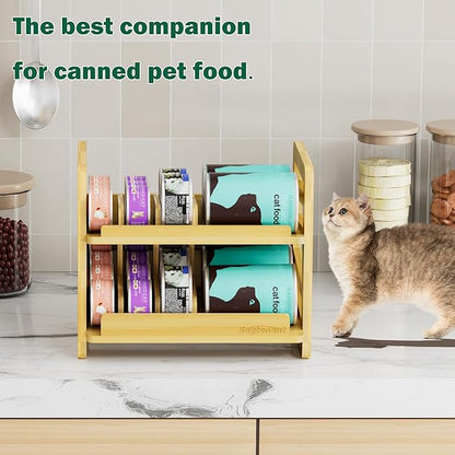 Rolling Bamboo Cat Food Can Organizer, 2-Layer Wet Cat Food Storage Container Holds 42 (3oz) Cans, Canned Cat Food Organizer and Storage for Countertop Kitchen Cabinet or Pantry Shelf