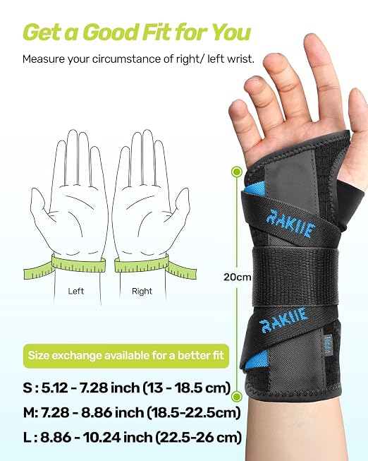 Rakiie Upgraded Carpal Tunnel Wrist Brace, Night Support for Arthritis, Sprain & Tendonitis Pain Relief, Flexible 3-Bar Support, Breathable Fit Hand Splint for Men & Women (Blue, Small, Right Hand)