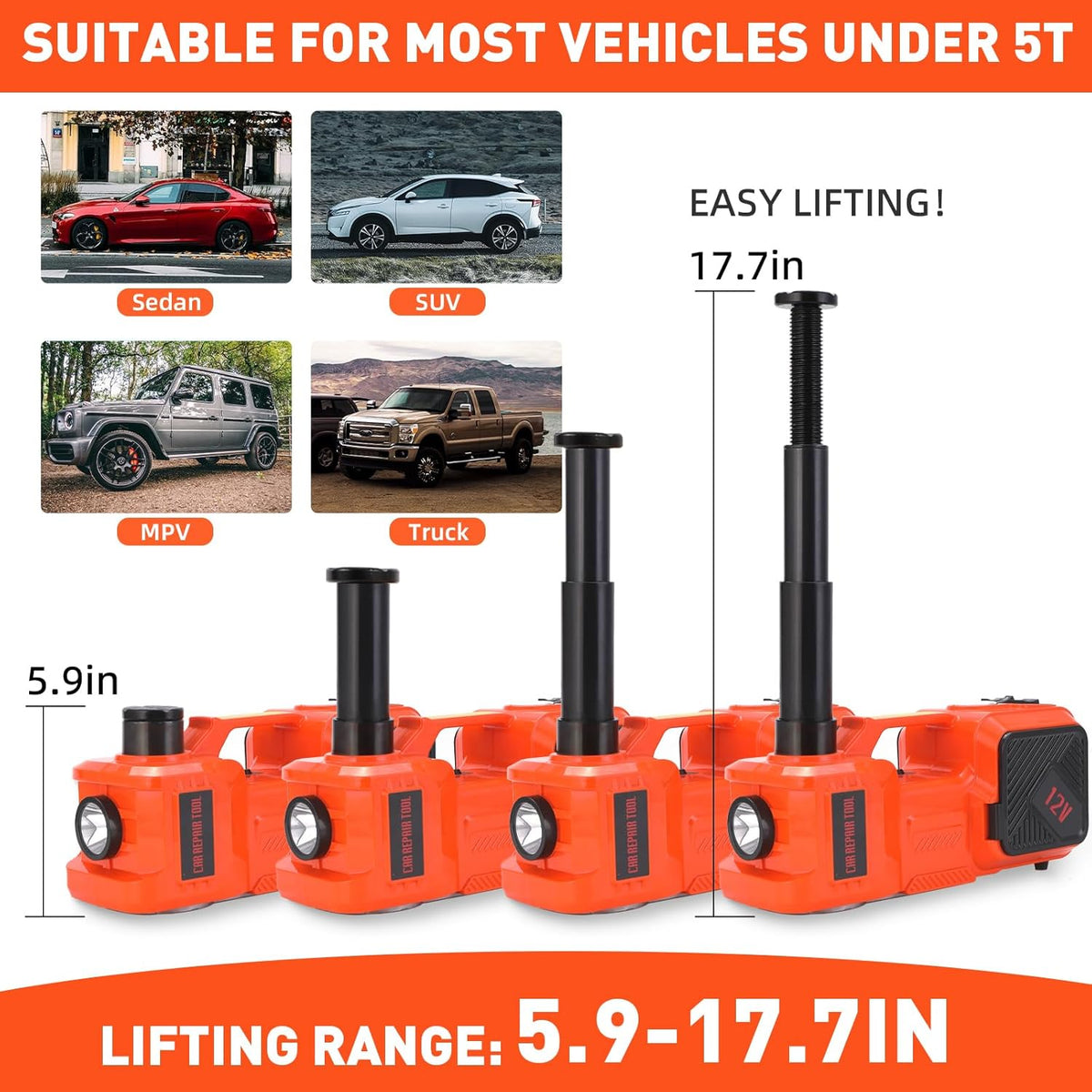 Electric Car Jack Set 5 Ton Hydraulic Jack Car Lift Floor Jack with Integrated Tire Pump and Impact Wrench for Sedans SUV MPV Sedan Truck Change Tires Garage Repair