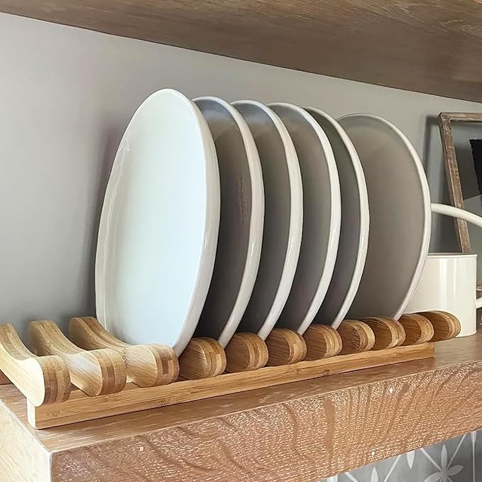 Frcctre Bamboo Dish Drying Rack, 10 Slots Bamboo Cabinet Plate Stand Dish Drainer Wooden Plate Rack Pot Lid Holder Kitchen Dish Plate Storage Organizer for Countertop Cabinet