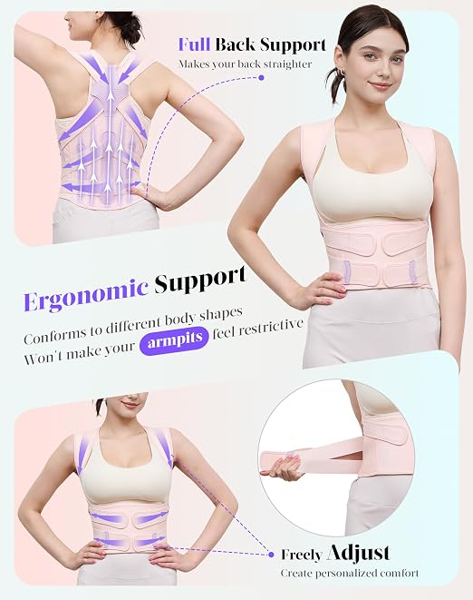 Posture Corrector for Women and Men, Full Back Support Brace, Adjustable Shoulder Straightener, Improving Posture, Relief Upper and Lower Back, Neck Pain, Pink, Medium