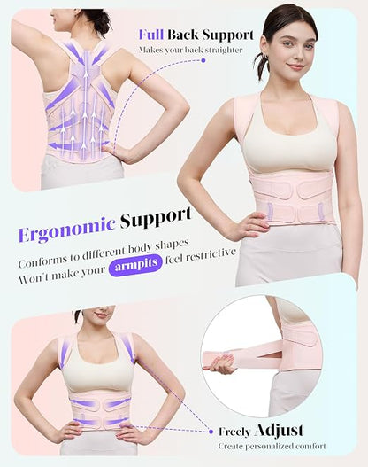 Posture Corrector for Women and Men, Full Back Support Brace, Adjustable Shoulder Straightener, Improving Posture, Relief Upper and Lower Back, Neck Pain, Pink, Small