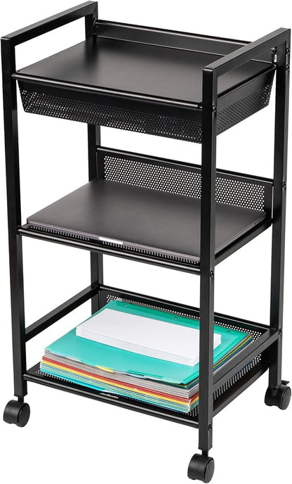 Mind Reader Cart with Covered Compartment, Office Organizer, Storage, 3-Tier, Office, Metal, 15.5" L x 11" W x 28.25" H, Black