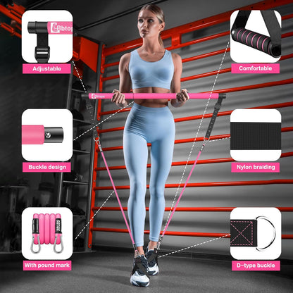 Pilates Bar Kit with Resistance Bands,Pilates Bar with Stackable Bands Workout Equipment for Legs,Hip,Waist and Arm,Exercise Fitness Equipment for Women & Men Home Gym Yoga Pilates