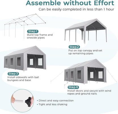 Carport 12x20 ft Heavy Duty, Car Port with Reinforced Steel Frame and 6 Roll-up Windows, Portable Garage with Sturdy Ground Nails, Waterproof All-Season Car Canopy for Boat, Truck, Grey