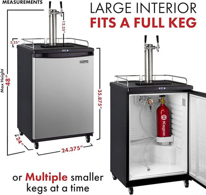 Kegco Keg Dispenser, Two Faucet, Stainless Steel