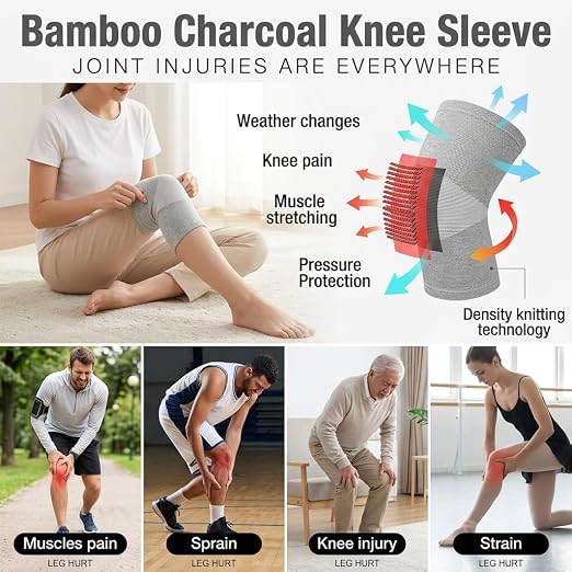 2026 Premium Bamboo Knee Sleeve - 1 Pair Bamboo Compression Knee Sleeve for Women & Men, Anti-Slip Elastic Sport Warm Knee Brace for Arthritis (Black,Medium)