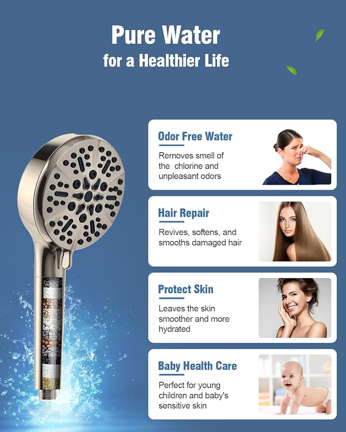 Filtered Shower Head with Handheld Brushed Nickel, BOWGER 6 Modes High Pressure Shower Heads with Power Wash Mode and Hard Water Filter, Detachable Hand Held Showerhead Set with Extra Long Hose